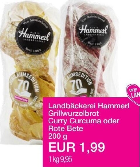 Sutterlüty Landbäckerei Hammerl Grillwurzelbrot Curry Curcuma oder Rote Bete 200 g Angebot