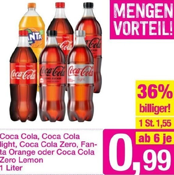 Sutterlüty Coca Cola, Coca Cola Light, Coca Cola Zero, Fanta Orange oder Coca Cola Zero Lemon 1 Liter Angebot