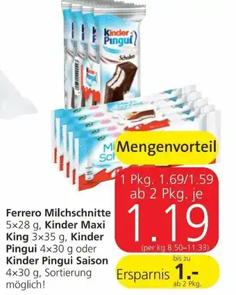 Spar Ferrero Milchschnitte 5x 28 g, Kinder Maxi King 3x35g, Kinder Pingui 4x30g Angebot