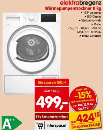 Interspar Restaurant Elektrabregenz Wärmpepumpentrockner 8 kg Angebot