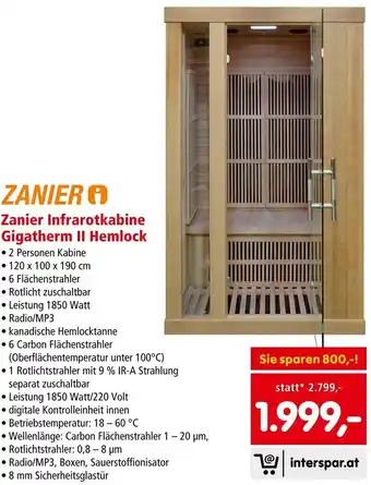 Interspar Zanier Infrarotkabine Gigatherm II Hamlock Angebot