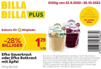Billa Billa Efko Sauerkraut oder Efko Rotkraut mit Äpfel 350g Angebot