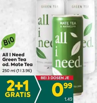 Billa All I Need Green Tea od. Mate Tea 250 ml Angebot