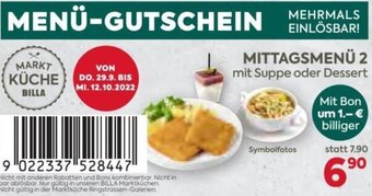 Billa Mittagsmenü 2 mit Suppe oder Dessert Angebot