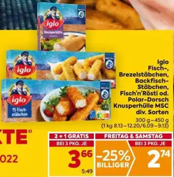 Billa Iglo Fisch-, Brezelstäbchen , Backfisch-stäbchen, Fisch'n' Rösti od. Polar-Dorsch Knusperhülle MSC 300 g- 450 g Angebot