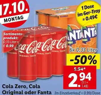 Lidl Cola Zero, Cola Original oder Fanta 6x 0,33 Liter Angebot