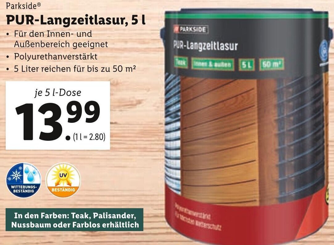 Parkside PURLangzeitlasur , 5L Angebot bei Lidl