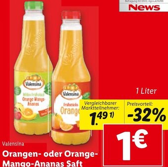 Lidl Valensina Orangen-oder Orange-Mango-Ananas Saft 1 Liter Angebot
