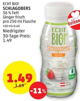 PENNY Echt Bio! Schlagobers 250 ml Angebot