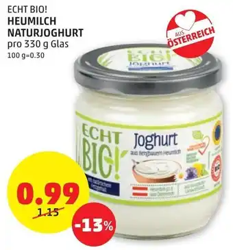 PENNY Echt Bio! Heumilch Naturjoghurt 330 g Angebot