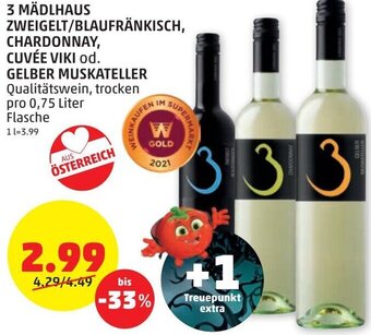 PENNY 3 Mädlhaus Zweigelt/Blaufränkisch, Chardonnay, Cuvée Viki od. Gelber Muskateller 0,75 Liter Angebot