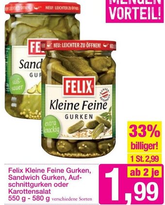 Sutterlüty Felix Kleine Feine Gurken, Sandwich Gurken, Aufschnittgurken oder Karottensalat 550 g- 580 g Angebot
