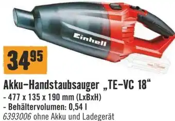 Hornbach Einhell Akku-Handstaubsauger TE-VC 18" 477 x 135 x 190 mm Angebot