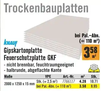 Hornbach Knauf Gipskartonplatte Feuerschutzplatte GKF 110 m² Angebot