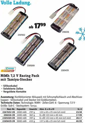 Conrad NiMh 7,2 V Racing Pack mit Tamiya-Stecker Angebot