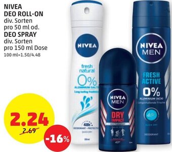 PENNY Nivea Deo Roll-On 50 ml od. Deo Spray 150 ml Angebot
