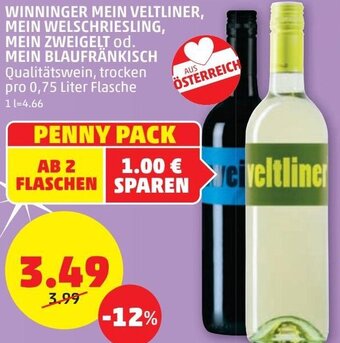 PENNY Winninger Mein Veltliner, Mein Welschriesling, Mein, Zweigelt od. Mein Blaufränkisch 0,75 Liter Angebot