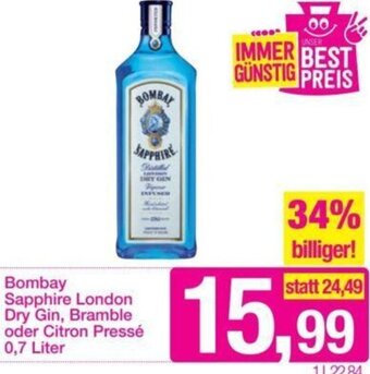 Sutterlüty Bombay Sapphire London Dry Gin, Bramble oder Citron Pressé 0,7 Liter Angebot