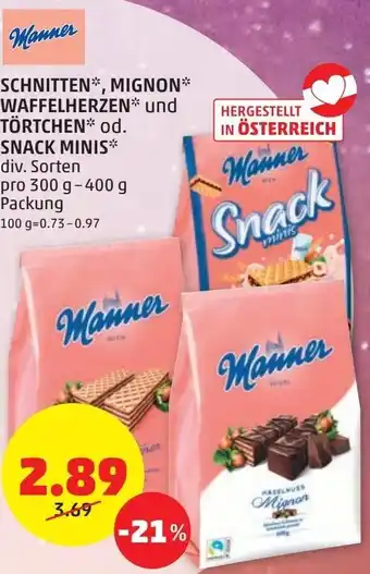 PENNY Manner Schnitten, Mignon Waffelherzen und Törtchen od. Snack Minis 300 g- 400 g Angebot