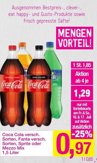 Sutterlüty Coca Cola Versch.Sorten, Fanta Versch. Sorten, Sprite oder Mezzo Mix 1,5 Liter Angebot