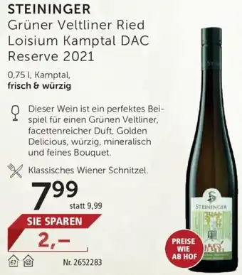 Interspar Steininger Grüner Veltliner Ried Loisium Kamptal DAC Reserve 2021 0,75L Angebot