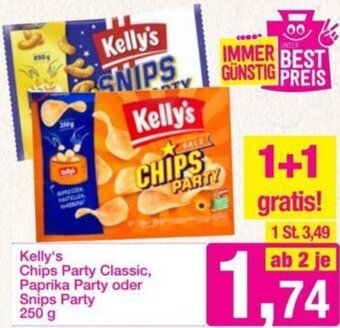 Sutterlüty Kelly's Chips Party Classic, Paprika Party oder Snips Party 250 g Angebot