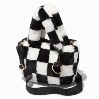 Claire's Black & white checkerboard furry crossbody tote bag Angebot