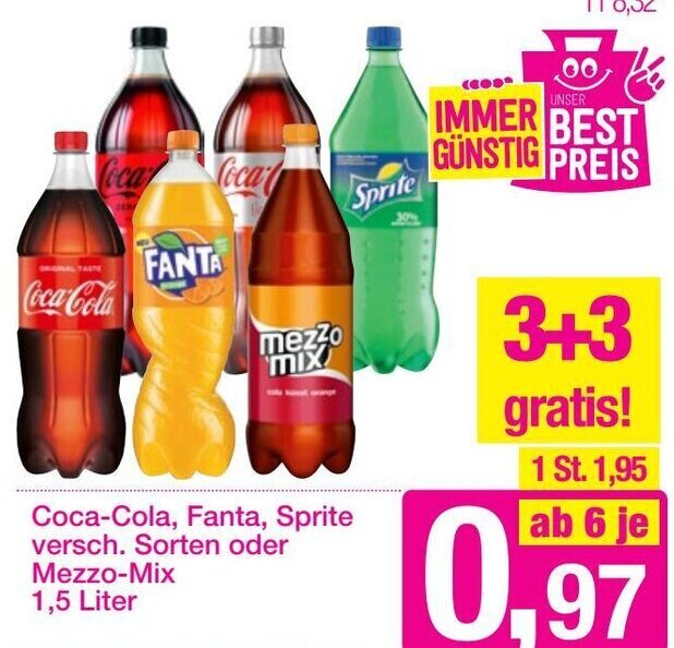 CocaCola, Fanta, Sprite, versch. Sorten oder MezzoMix 1,5 Liter