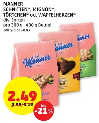 PENNY Manner Schnitten Mignon Törtchen Od.Waffelherzen 300g-400g Angebot