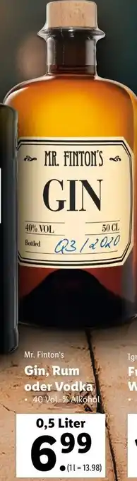 Lidl Mr Finton's Gin Rum Oder Vodka 0.5 Liter Angebot