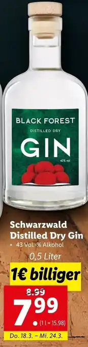 Lidl Schwarzwald Distilled Dry Gin 0.5 Liter Angebot