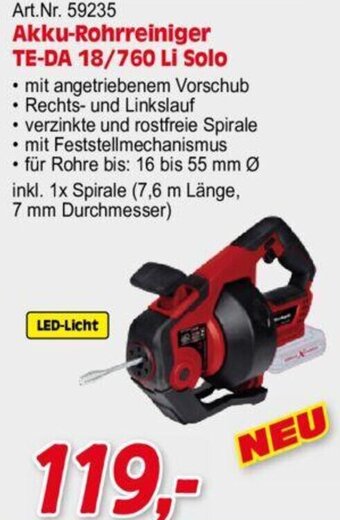 Zgonc Einhell Akku-Rohrreiniger TE-DA 18/760 Li Solo Angebot