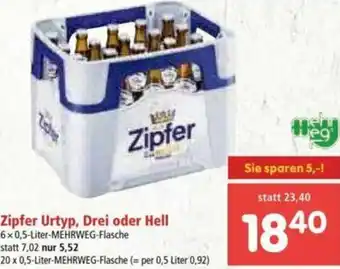 Interspar Zipfer Urtyp, Drei oder Hell 6 x 0,5 Liter Angebot