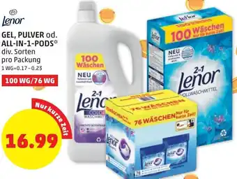 PENNY Lenor Gel, Pulver od. All-In-1-Pods 100WG/76 WG Angebot