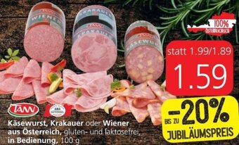 Spar Tann Käsewurst, Krakauer oder Wiener aus Österreich 100 g Angebot