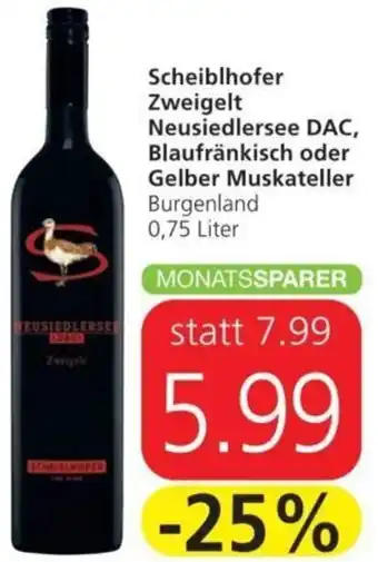 Spar Scheiblhofer Zweigelt Neusiedlersee DAC, Blaufränkisch oder Gelber Muskateller 0,75 Liter Angebot
