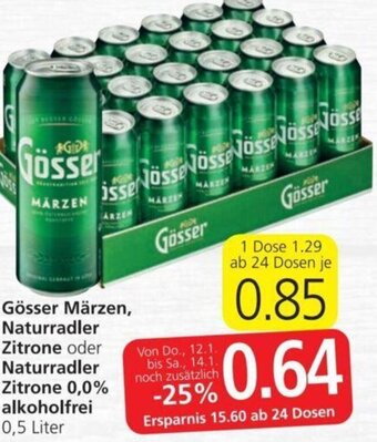 Spar Gösser Märzen, NaturRadler Zitrone oder Naturradler zITRONE 0,0% alkoholfrei 0,5 Liter Angebot