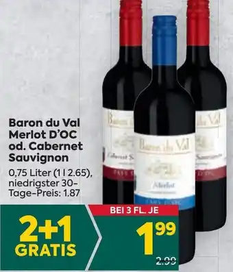 Billa Baron du Val Merlot D'Oc od. Cabernet Sauvignon 0,75 Liter Angebot