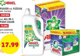 PENNY Ariel Pulver od. Flüssig 100 WG od. All-in-1 Pods Color 76 WG Angebot