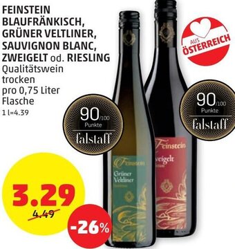 PENNY Feinstein Blaufränkisch, Grüner Veltliner, Sauvignon Blanc, Zweigelt od. Riesling 0,75 Liter Angebot