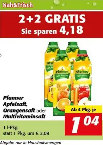 Nah&Frisch Pfanner Apfelsaft, Orangensaft oder Multivitaminsaft 1 L Angebot
