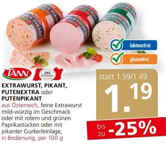 Spar Tann Extrawurst, Pikant, Putenextra oder Putenpikant 100g Angebot