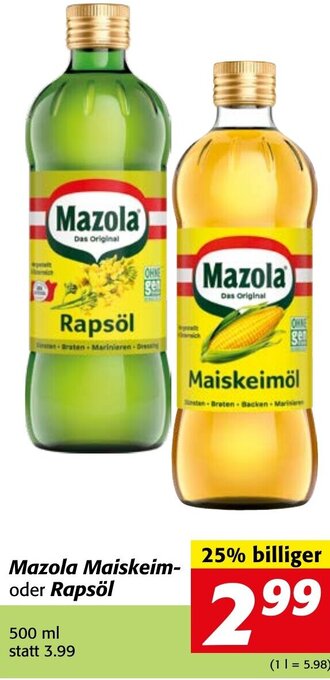 Strasser Markt Mazola Maiskeim oder Rapsöl 500 ml Angebot