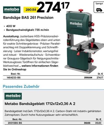 Conrad metabo Bandsäge BAS 261 Precision Angebot