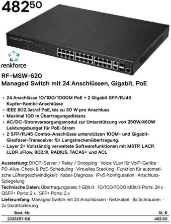 renkforce RF-MSW-620 Managed Switch mit 24 Anschlüssen, Gigabit, PoE