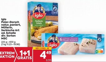 Billa iglo Polar-Dorsch natur, Paniert, Müllerin, Serbische Art od. Scholle div. Sorten MSC 225g-400g Angebot