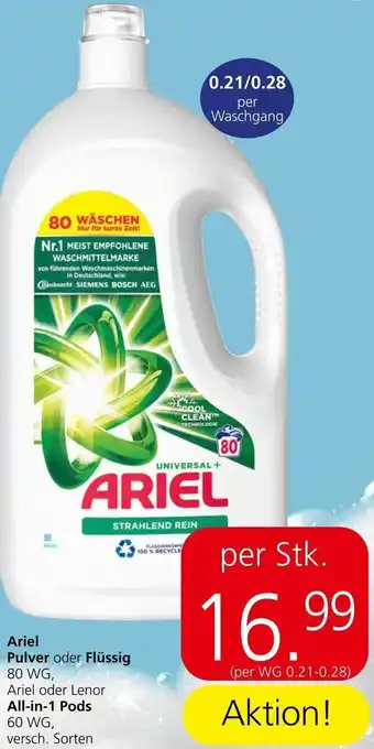 Spar Ariel Pulver oder Flüssig 80 WG oder Lenor All-in-1 Pods 60 WG Angebot