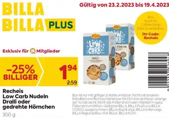 Billa Recheis Low Carb Nudeln Dralli oder gedrehte Hörnchen 300 g Angebot