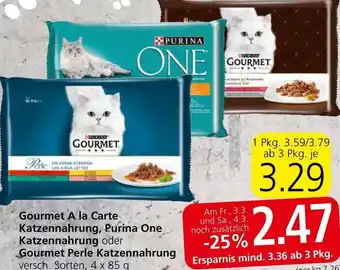Spar Gourmet A la Carte Katzennahrung , Purina One Katzennahrung oder Gourmet Perle Katzennahrung 4 x 85 g Angebot