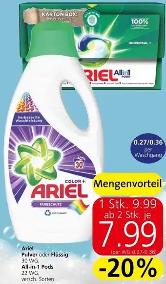 Spar Ariel Pulver oder Flüssig 30 WG, All-in-1P Pods 22 WG Angebot
